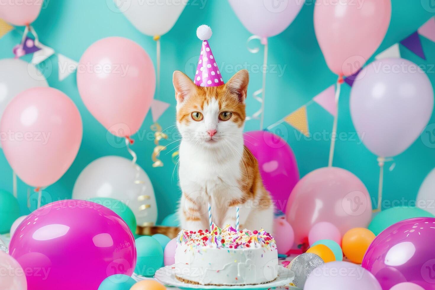 A cheerful cat wearing a party hat sits proudly by a cake, amidst a playful arrangement of vibrant balloons. photo
