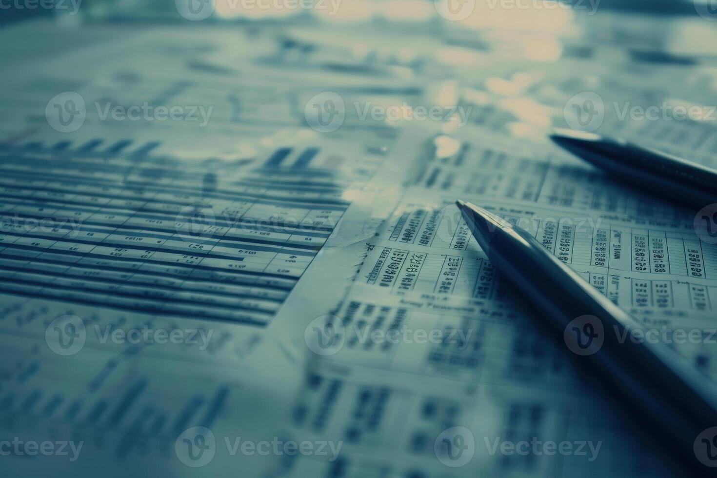 Detailed financial reports and graphs are arranged neatly on a clean surface with sleek pens, ready for analysis and discussion. photo