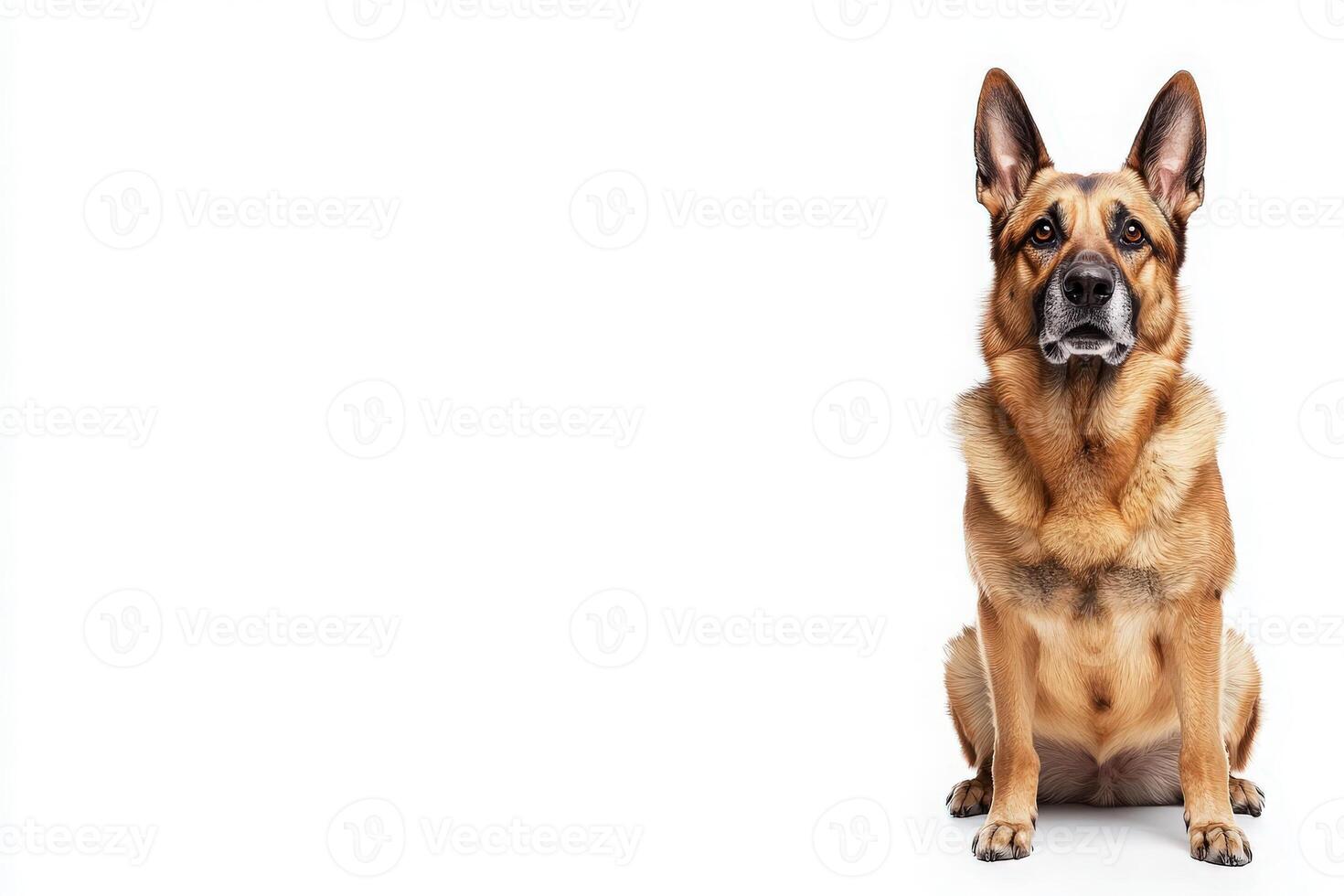 A stately German Shepherd sits attentively, showcasing its intelligent expression against a pristine backdrop. photo