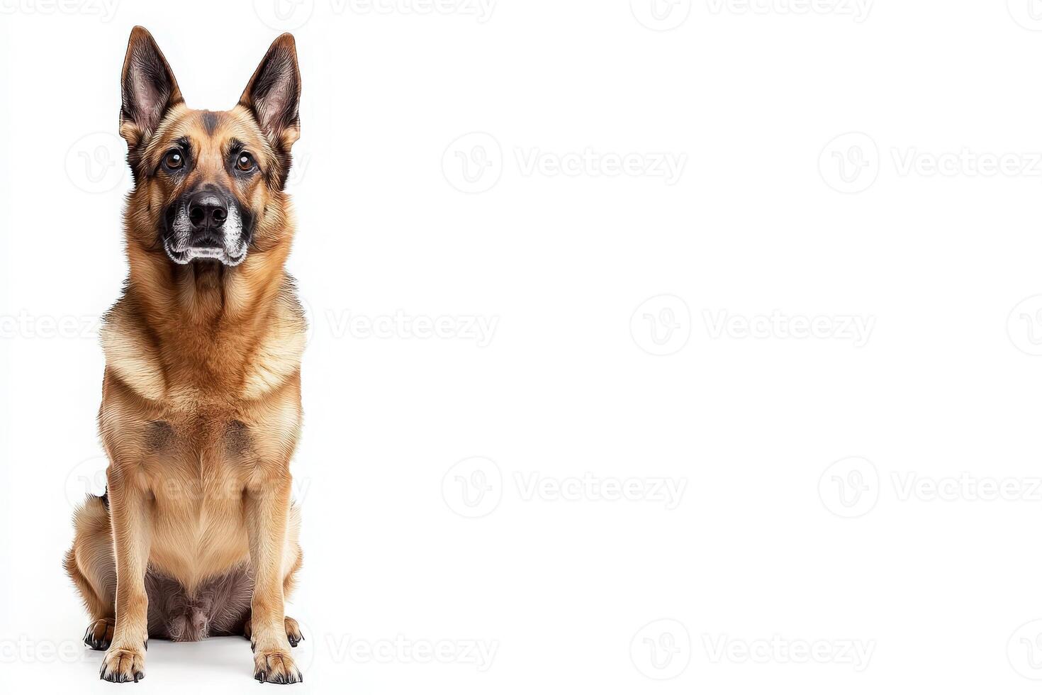 A beautiful German Shepherd sits attentively, showcasing its striking coat and alert expression in a pristine setting. photo