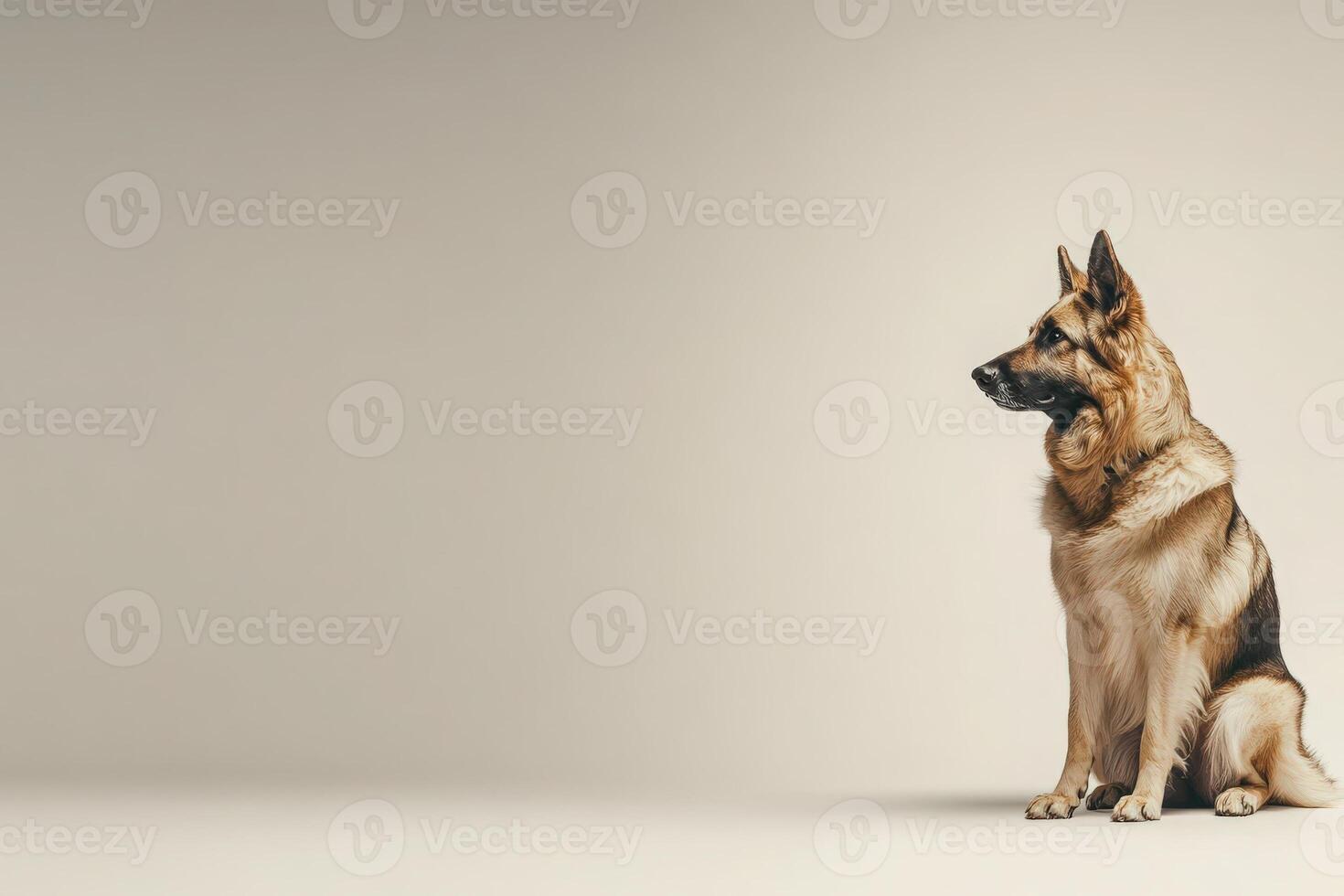 A regal German Shepherd sits gracefully, showcasing its striking features against a clean, neutral background. photo