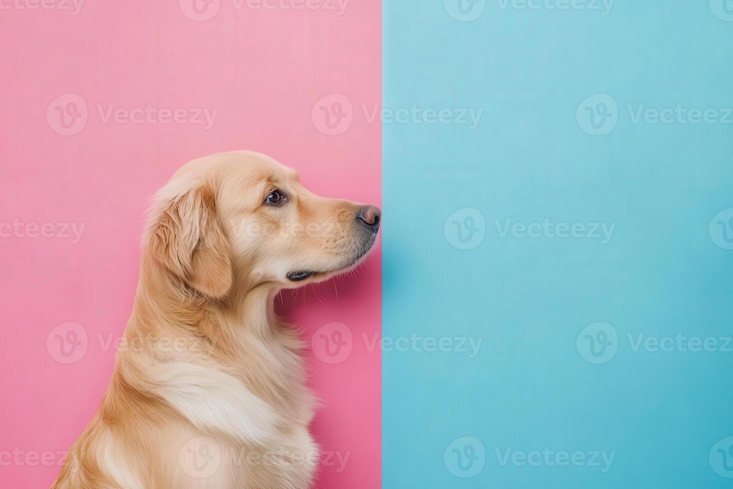 A golden retriever sits gracefully, its profile highlighted by a striking pink and blue background, exuding calm and curiosity. photo