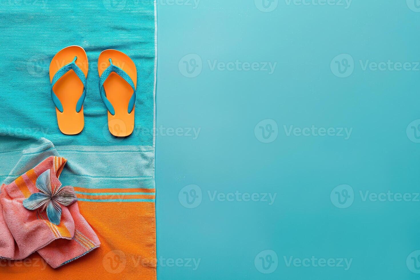 Vibrant flip flops rest atop a cozy beach towel, creating a cheerful atmosphere perfect for sunny days by the ocean. photo