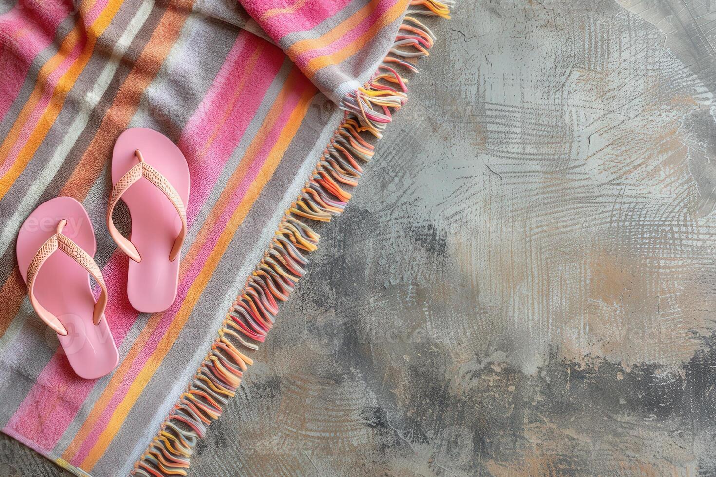A pair of pink flip flops rests on a striped beach towel, inviting thoughts of warm sand and coastal adventures. photo