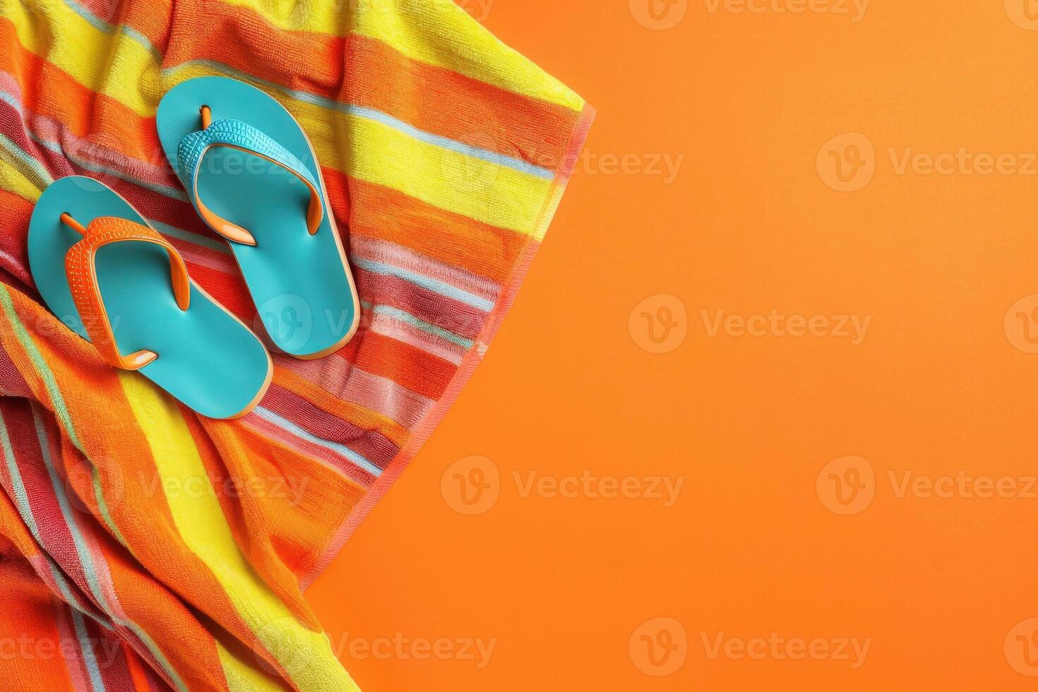 Brightly colored flip flops lie atop a striped beach towel, inviting relaxation and fun under the sun. photo