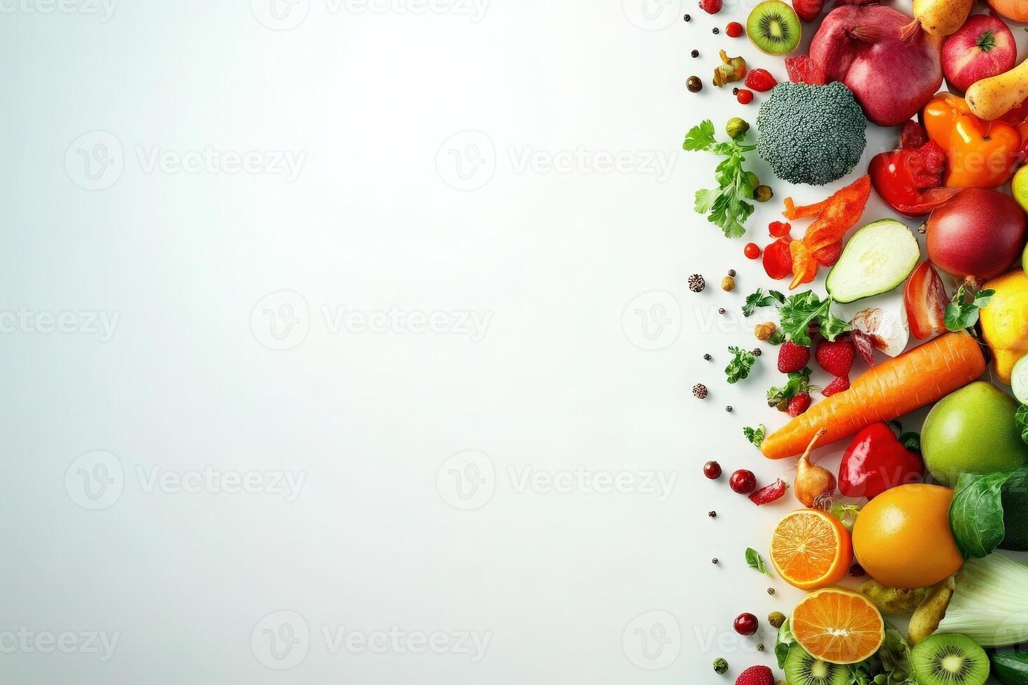 A vibrant array of colorful fruits and vegetables is artistically displayed, showcasing freshness and health. photo