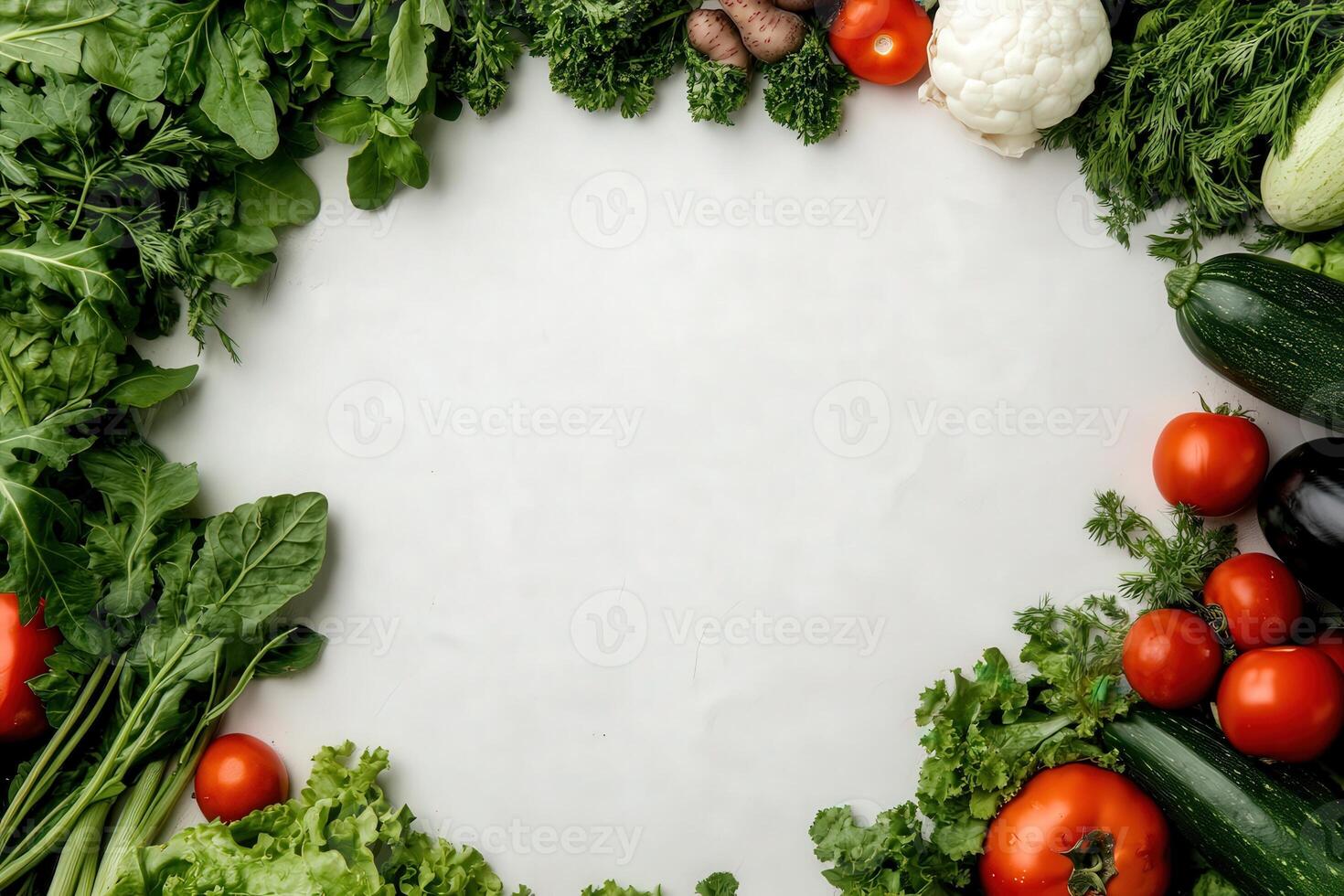 A colorful variety of fresh vegetables, including greens, tomatoes, and herbs, elegantly displayed around a blank space. photo