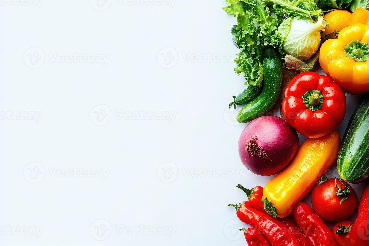 A vibrant assortment of fresh vegetables and fruits displayed beautifully, showcasing their rich colors and textures. photo
