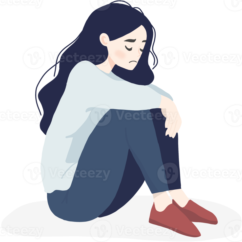 A simple illustration of a young woman sitting alone, feeling sad or introspective. png