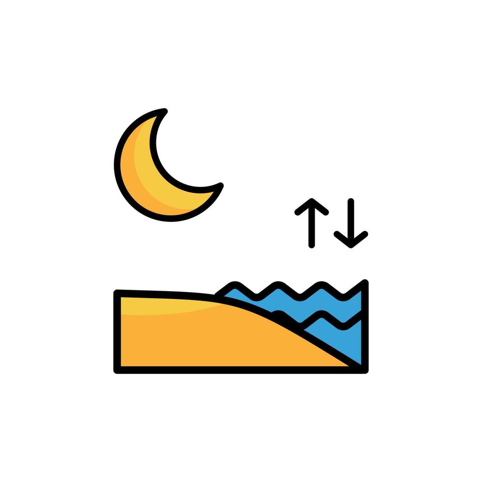 Nighttime beach scenery with crescent moon, waves, and tide depicted through up and down arrows. Suitable for illustrating tides or changes. vector