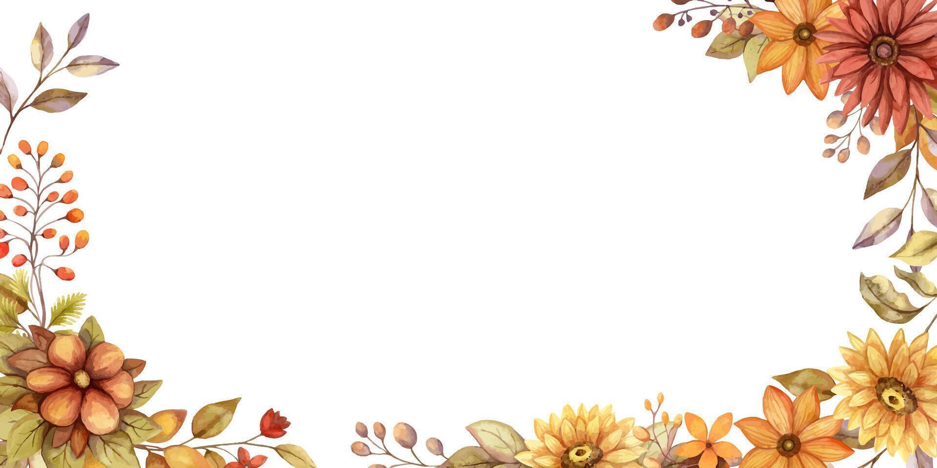Fall flower horizontal banner frame with watercolor blossom and branch of leaves. Hand drawn floral edged template in rustic style. Perfect for autumn botanical invitation and card designs. vector