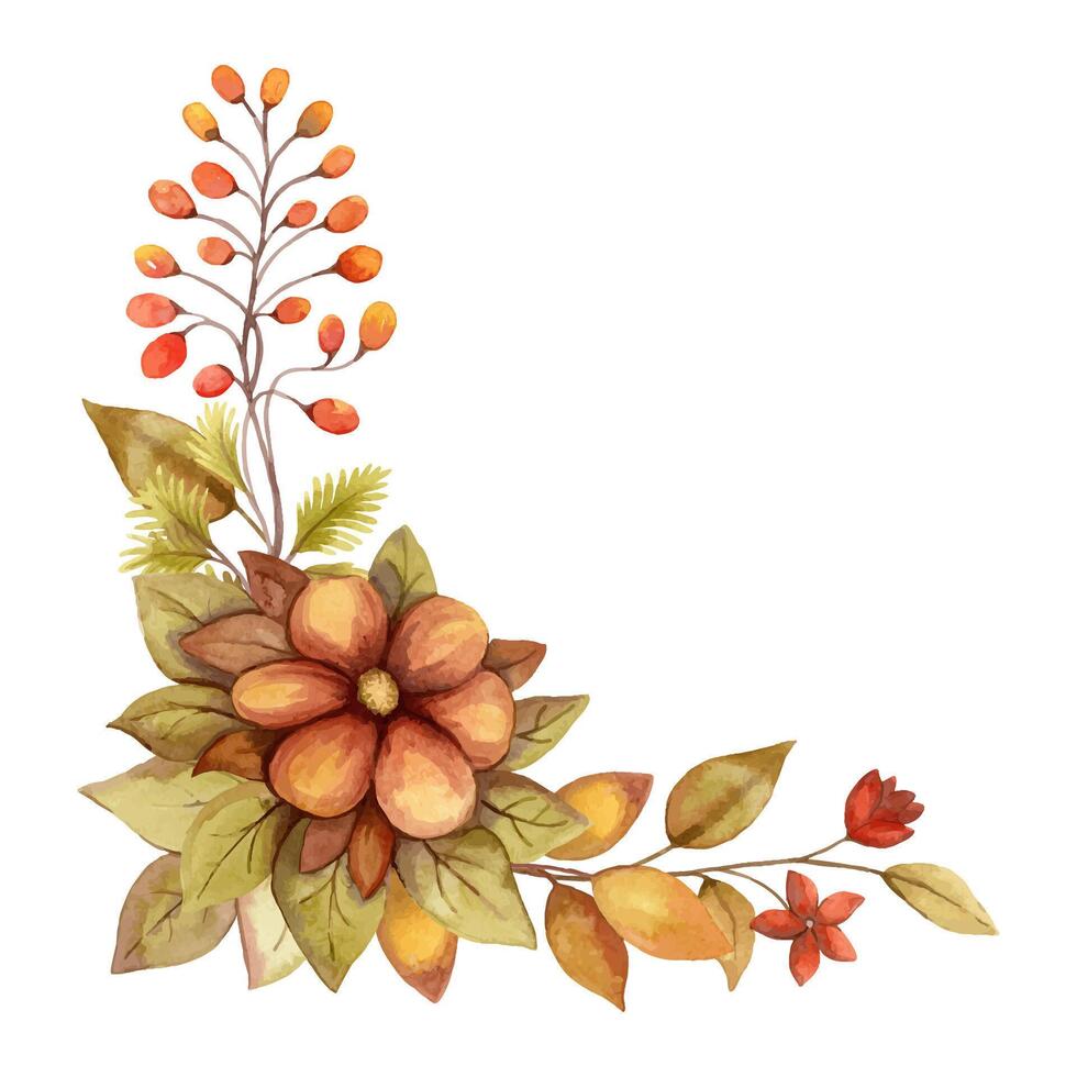 Autumn flower watercolor corner arrangement with berries. Hand drawn floral bouquet with blooming in golden and muted colors. Perfect for fall botanical invitation and card designs. vector