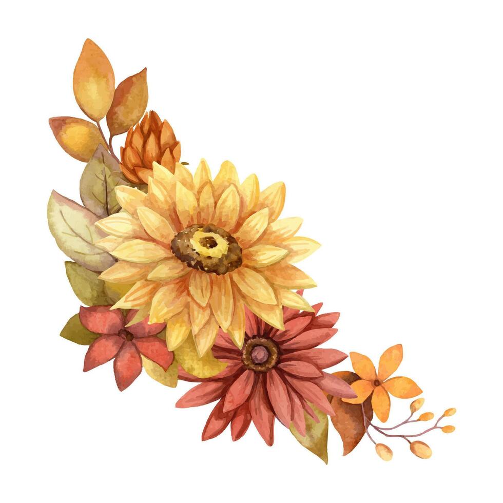 Fall flower watercolor oblong arrangement with Sunflower and Aster. Hand drawn floral bouquet with bloom in golden and muted colors. Perfect for autumn botanical invitation and greeting card design. vector