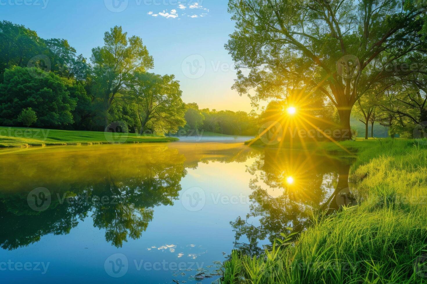 Sunrise Over Tranquil Forest Lake photo