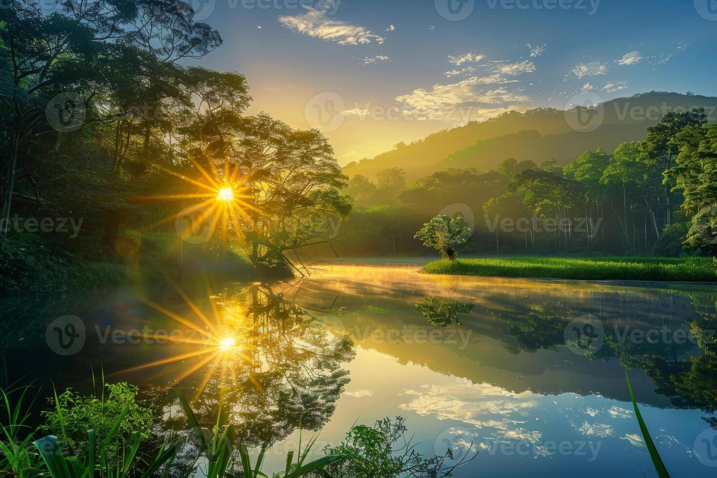Sunrise Over Tranquil Forest Lake photo