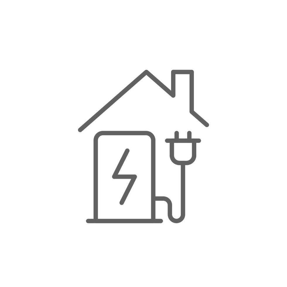 Home charging station icon. Simple outline style. Charging electric vehicle at home, building, house, green energy, technology concept. Thin line symbol. Isolated. Editable stroke. vector