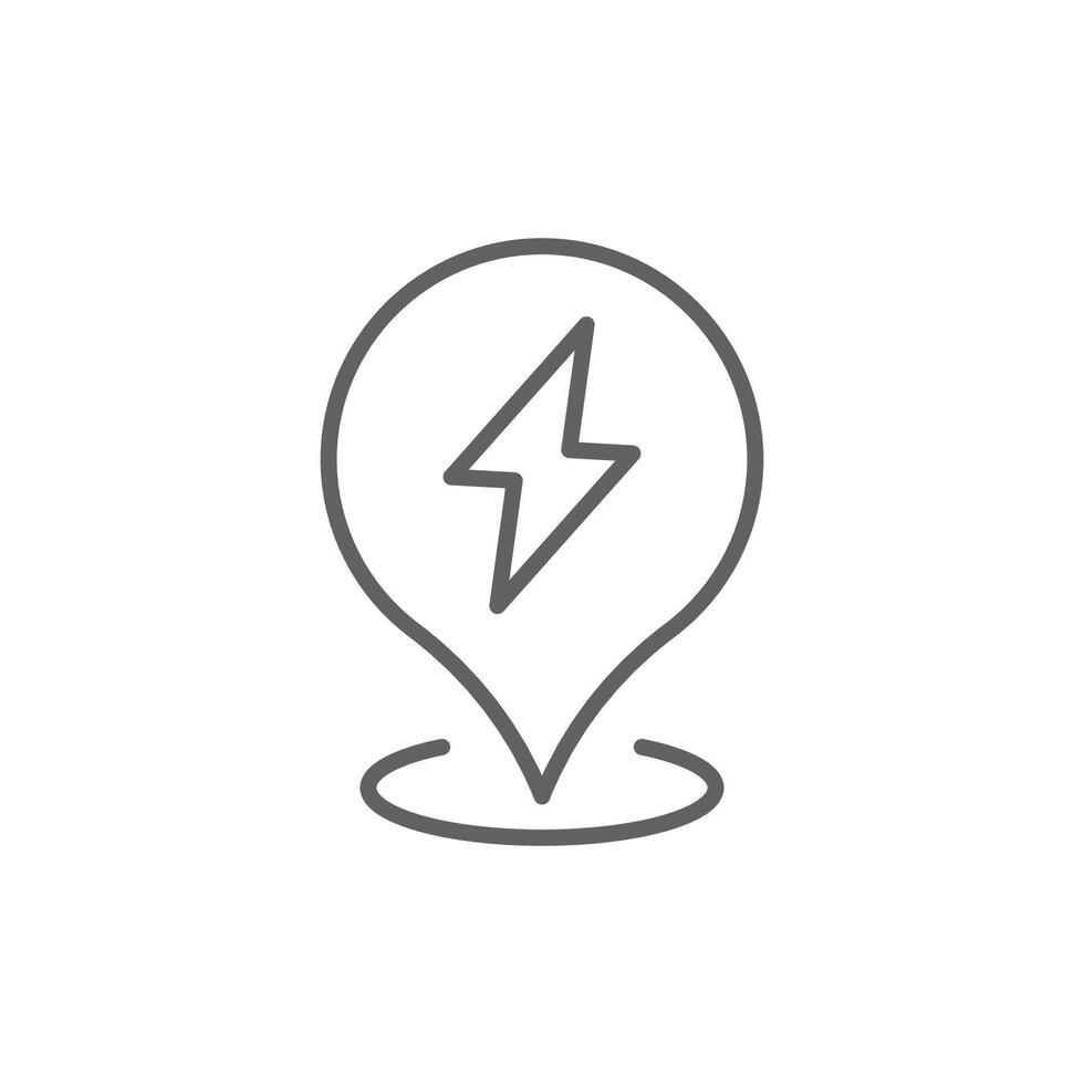 Electric station pin icon. Simple outline style. Map pin with lightning, charge point, station, electric vehicle, technology concept. Thin line symbol. Isolated. Editable stroke. vector