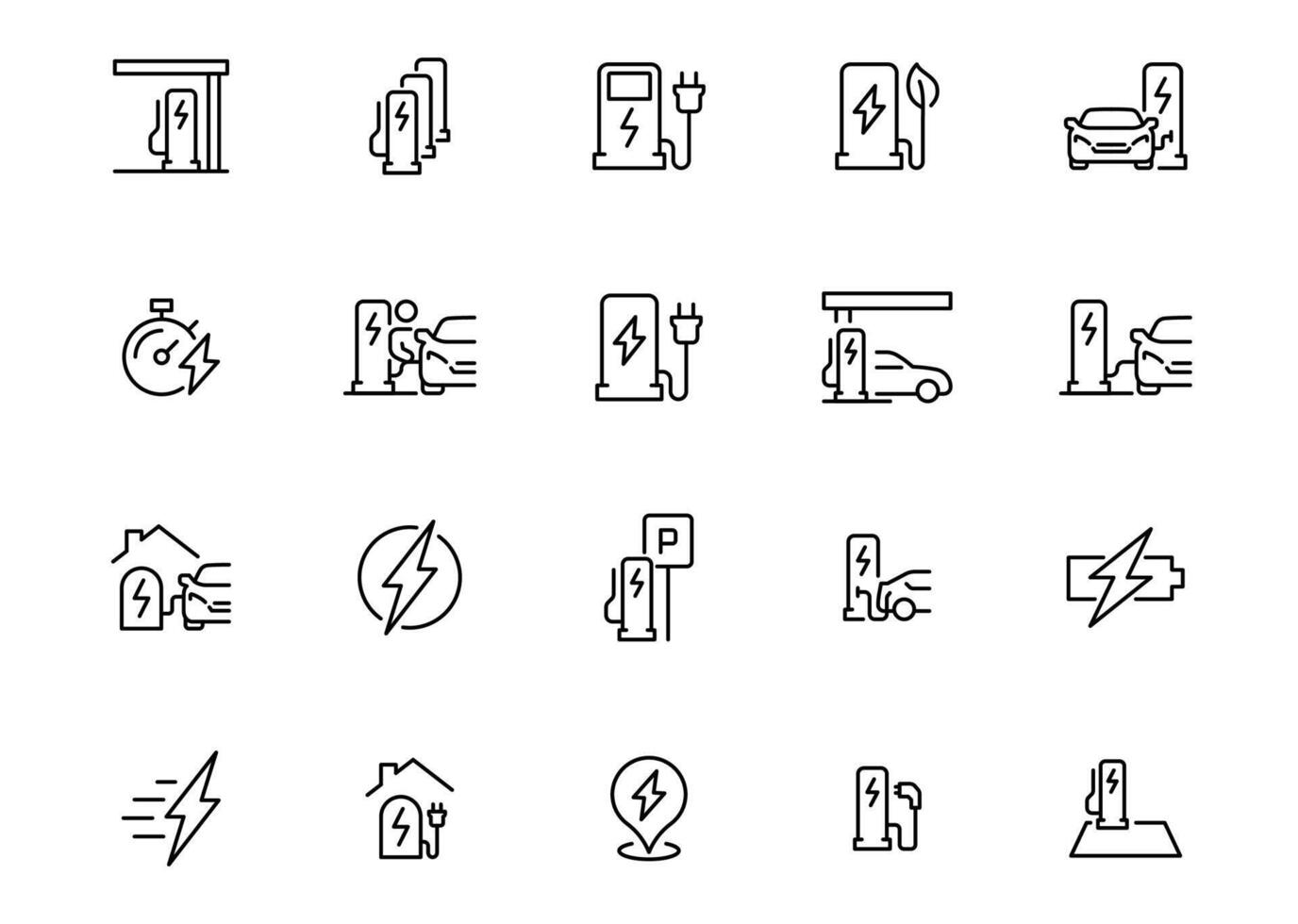 Car charging station icon set. Simple outline style. Electric socket station, car plugged to charge, battery, technology concept. Thin line symbol. Isolated. vector