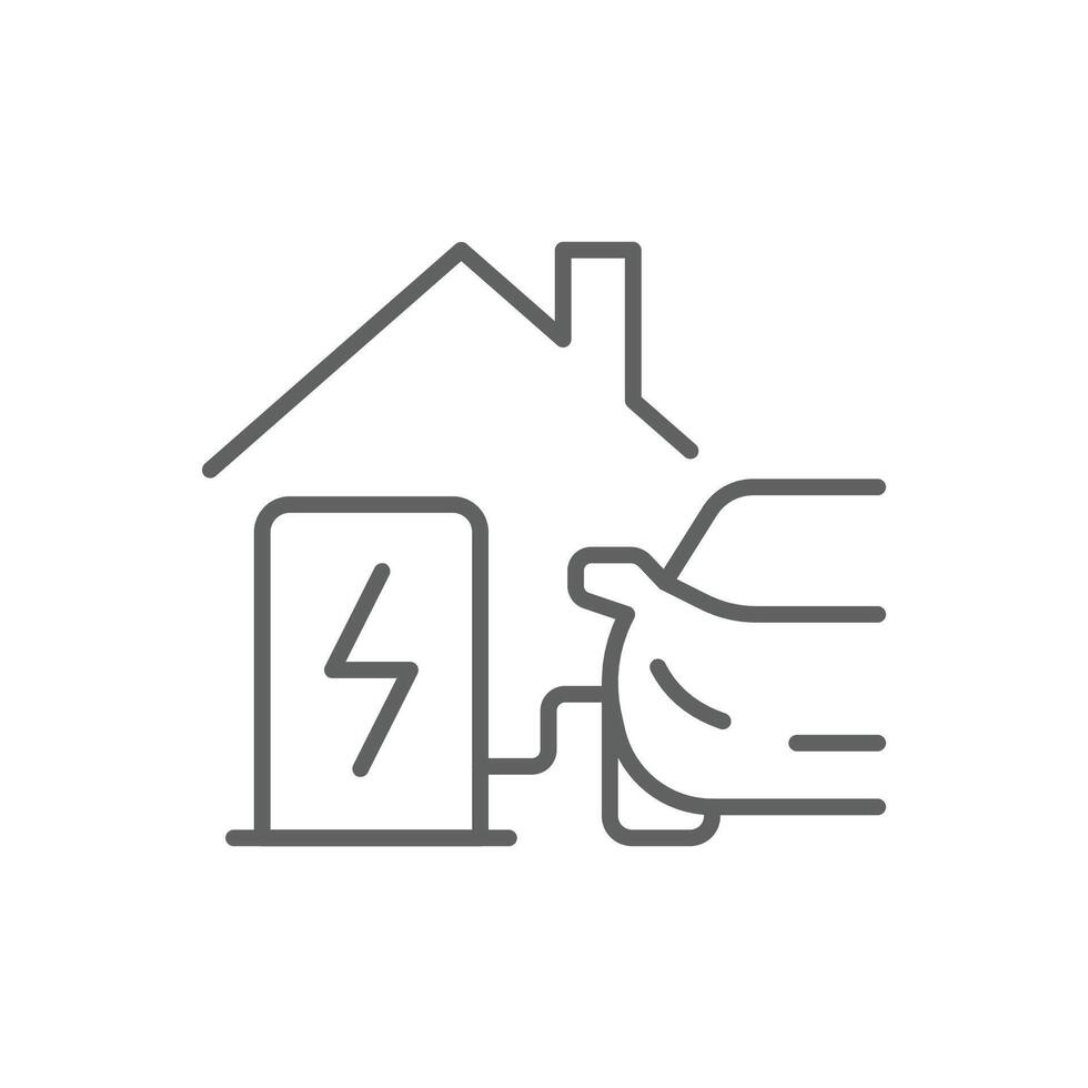 Home charging station icon. Simple outline style. Charging electric vehicle at home, building, house, green energy, technology concept. Thin line symbol. Isolated. Editable stroke. vector
