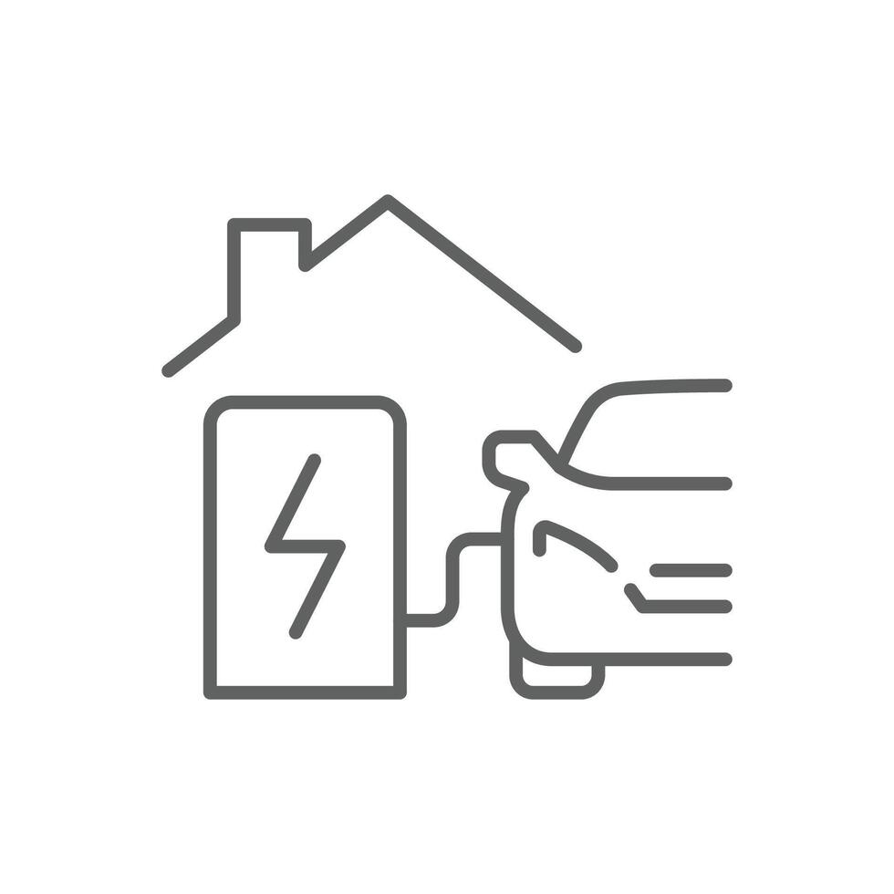Home charging station icon. Simple outline style. Charging electric vehicle at home, building, house, green energy, technology concept. Thin line symbol. Isolated. Editable stroke. vector