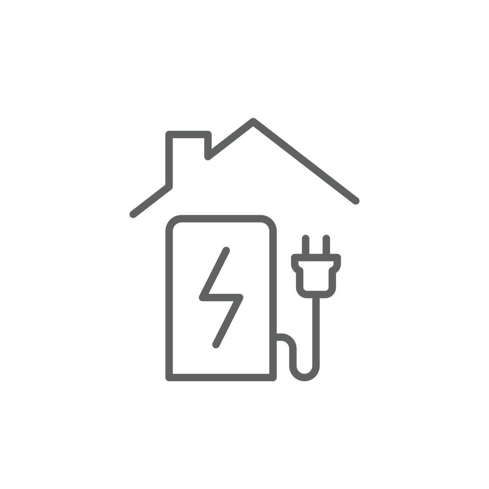 Home charging station icon. Simple outline style. Charging electric vehicle at home, building, house, green energy, technology concept. Thin line symbol. Isolated. Editable stroke. vector