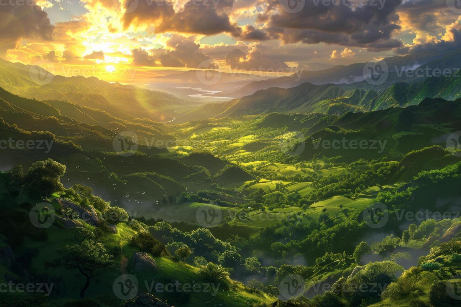 Sunset Over Flowering Hills and Distant Mountains photo