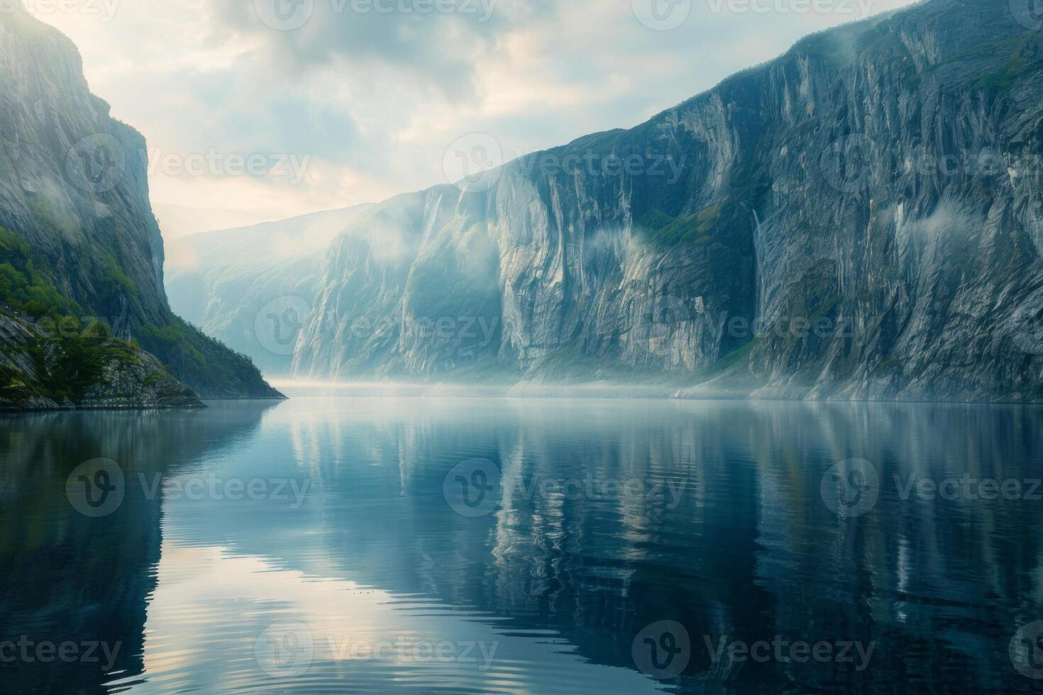 Calm Fjord Reflecting Majestic Cliffs and Sky photo