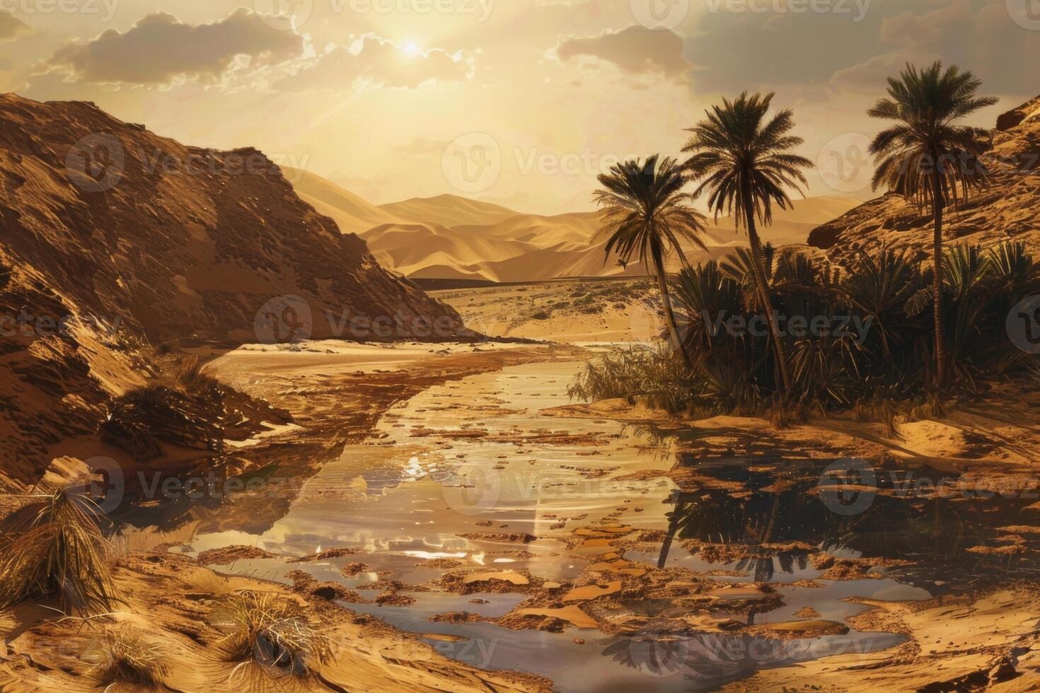 Oasis with Palm Trees in Desert Landscape photo