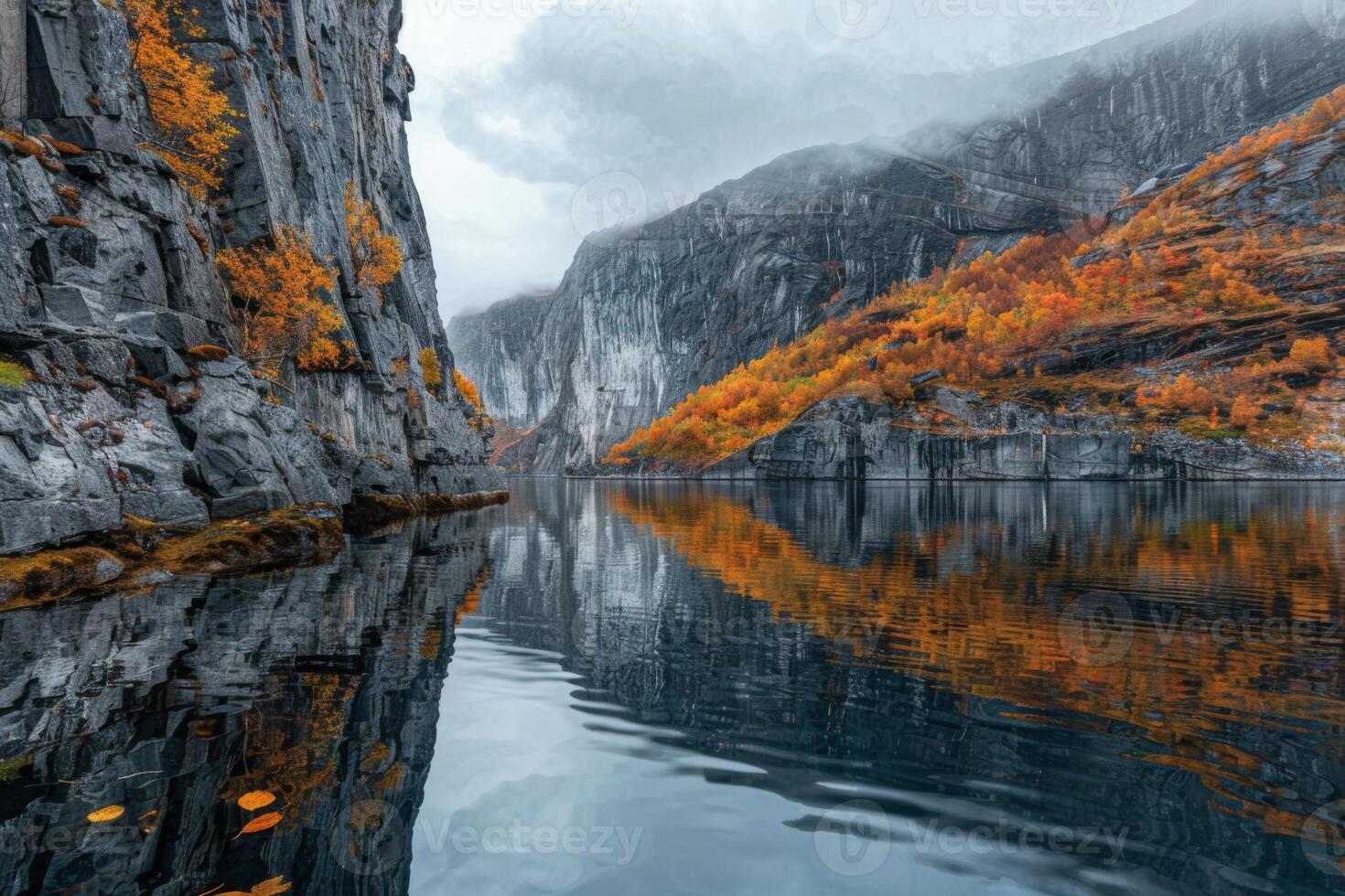 Autumn Landscape with Cliffs and Reflective Lake photo