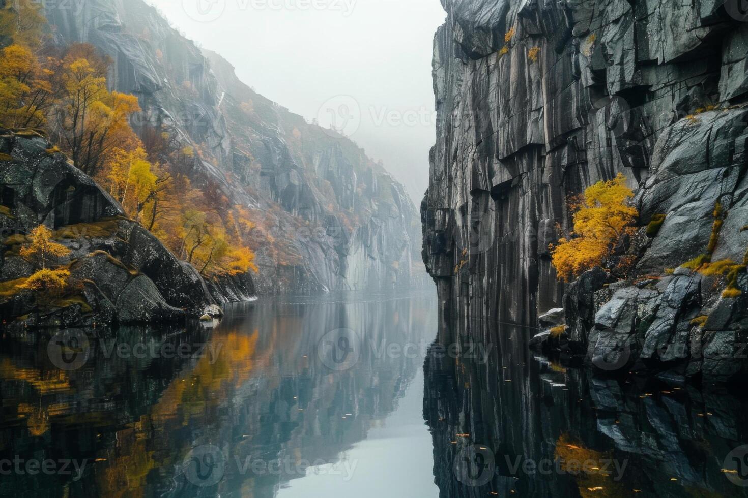 Autumn Landscape with Cliffs and Reflective Lake photo