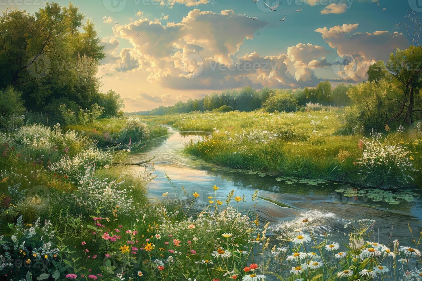 Sunny Meadow with Flowing Stream photo