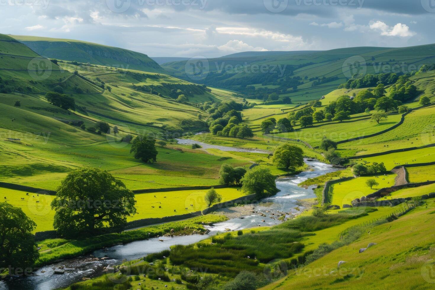 Rolling Green Hills with Stream at Sunset photo