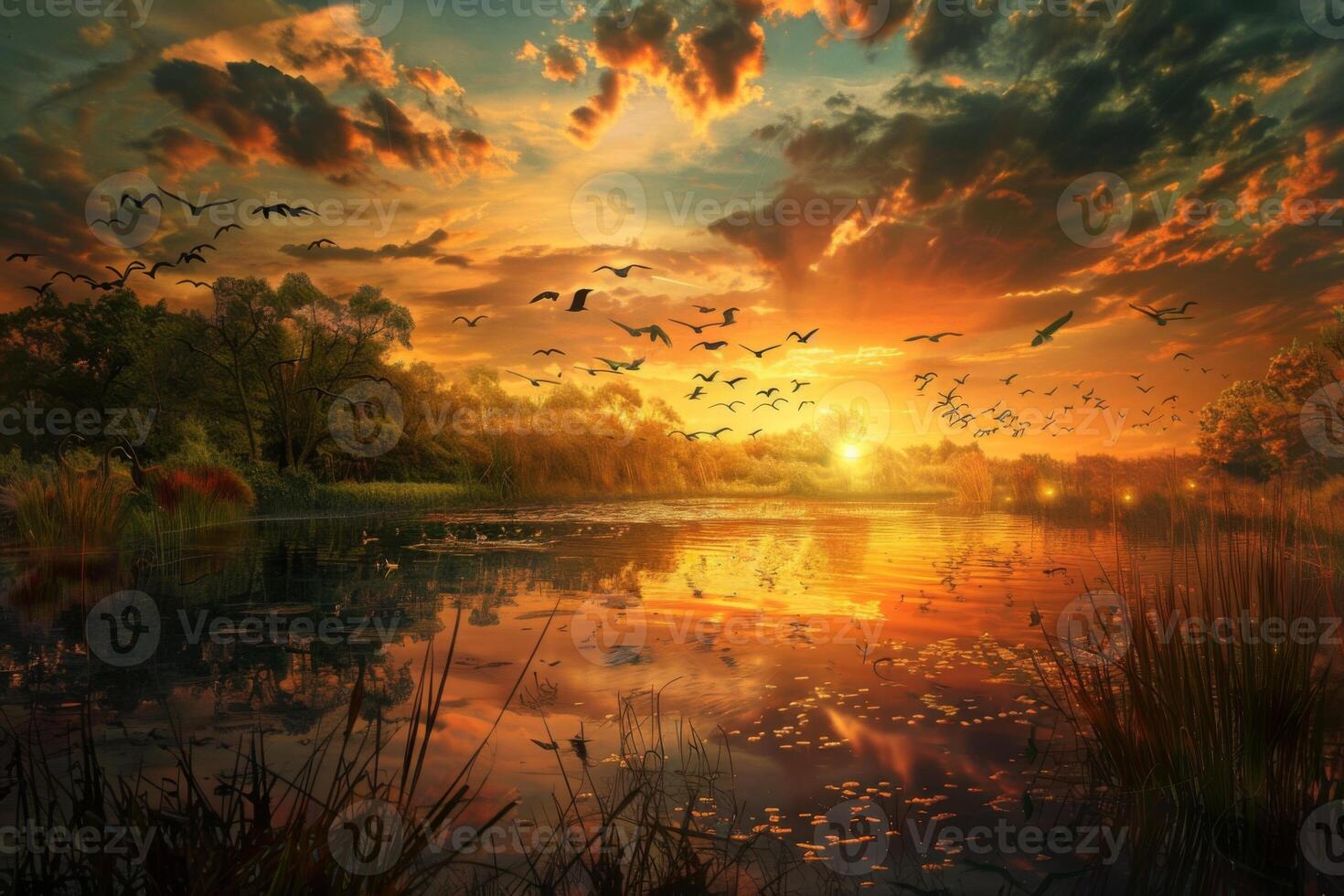 Sunset Over Tranquil Lake with Birds photo