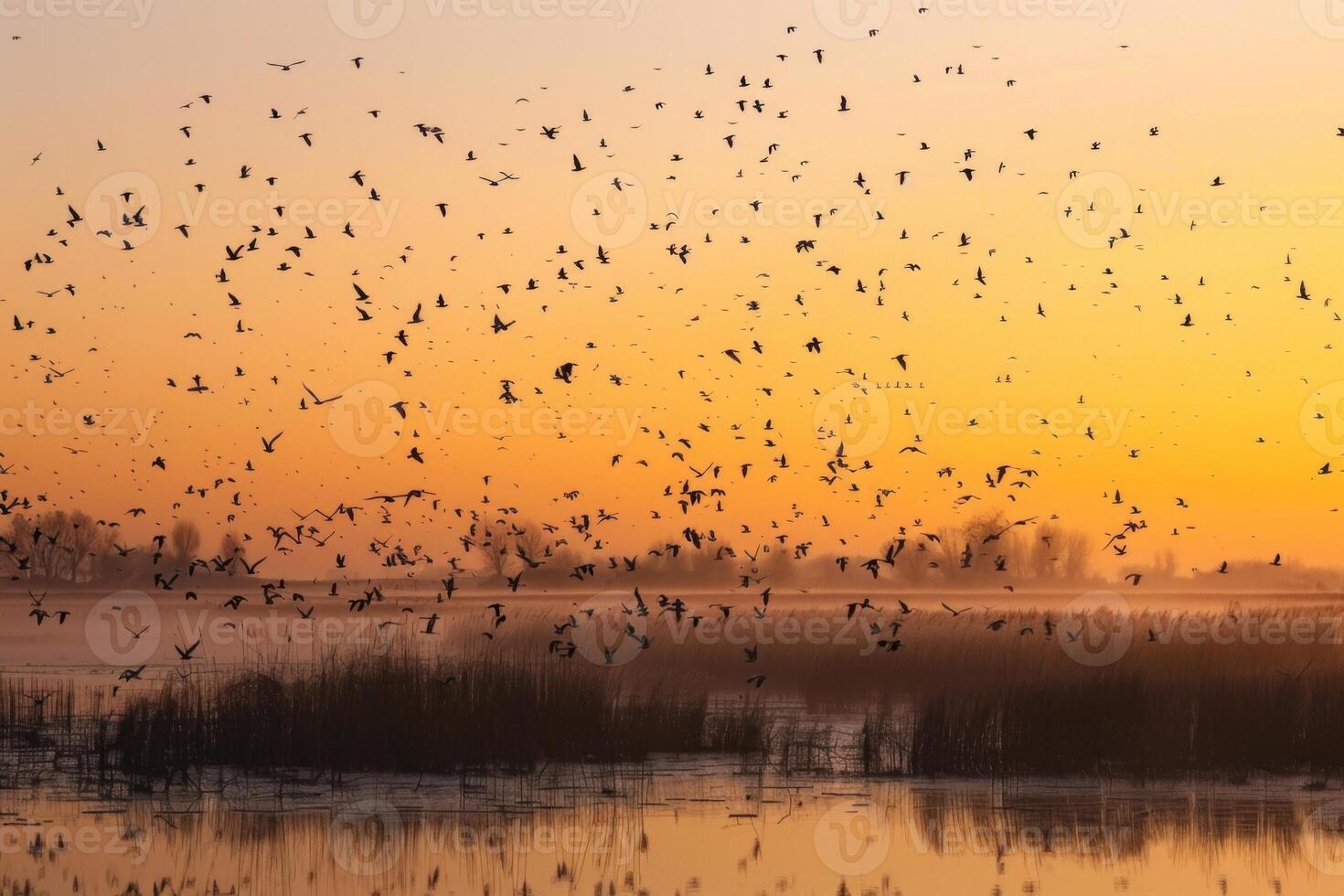 Sunset Over Tranquil Lake with Birds photo