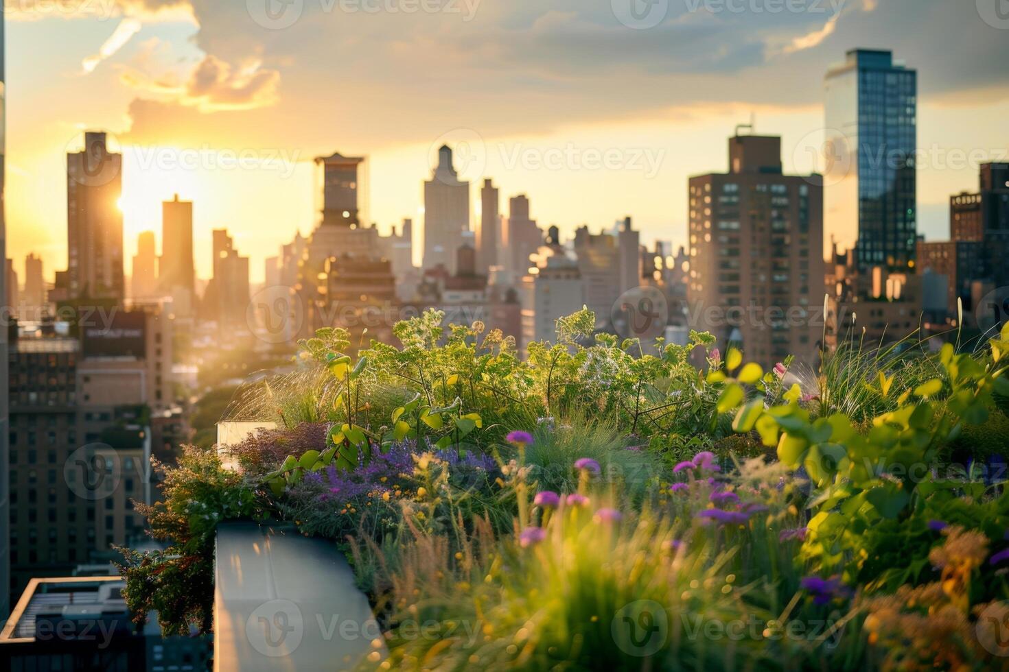 Urban Rooftop Garden at Sunset photo