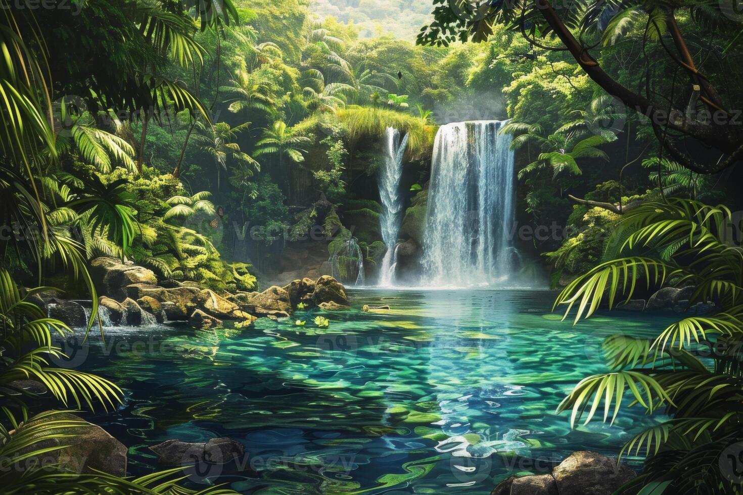 Tropical Waterfall in Lush Green Jungle photo