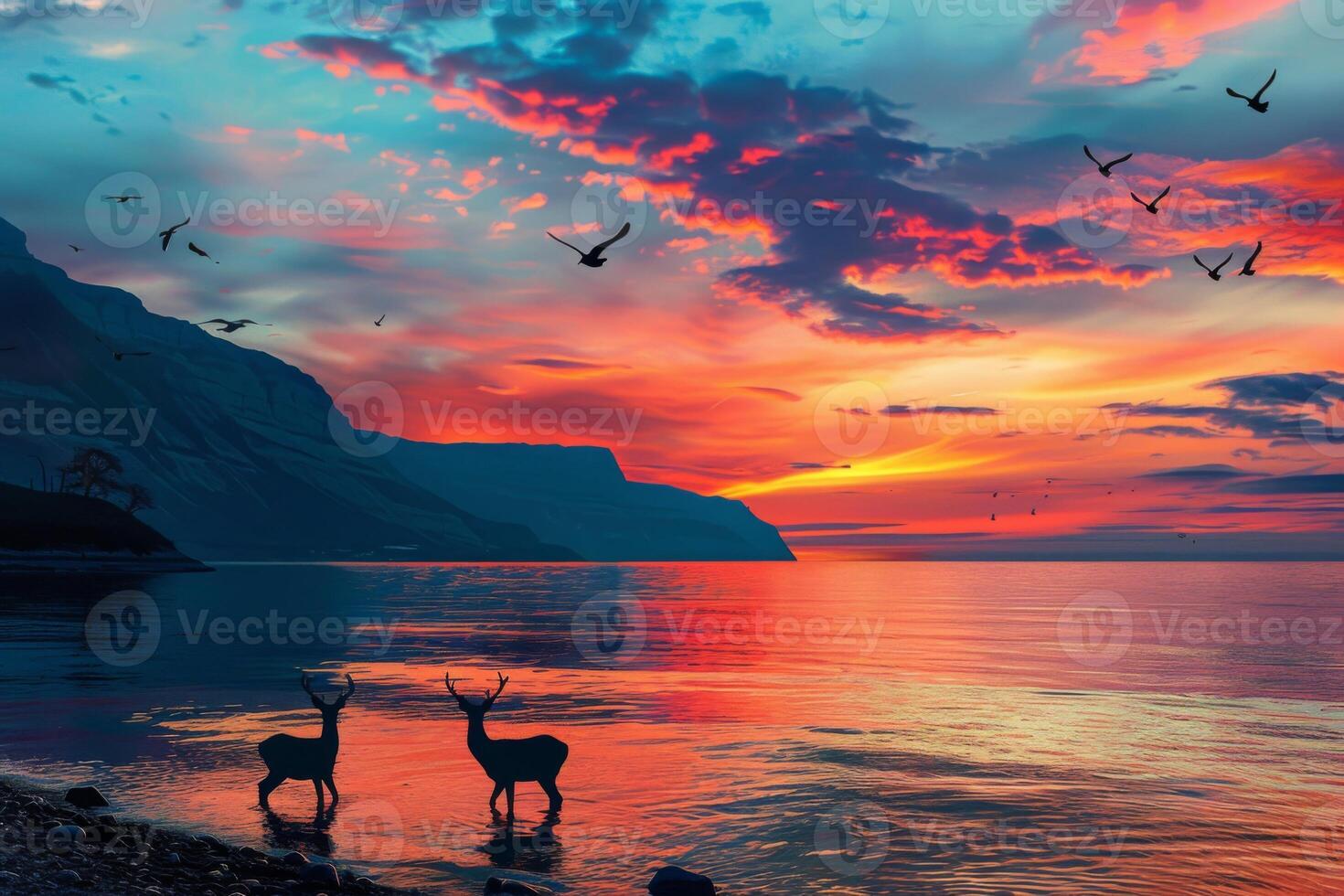 Sunset Over Lake with Deer and Birds photo