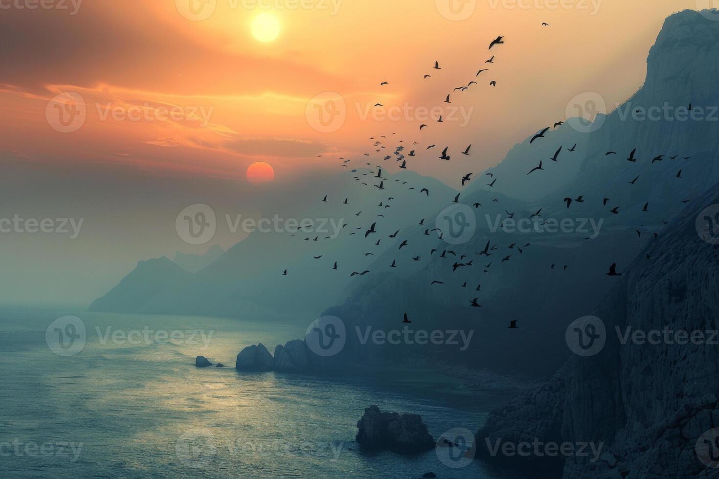 Coastal Sunrise with Birds Over Rocky Cliffs photo