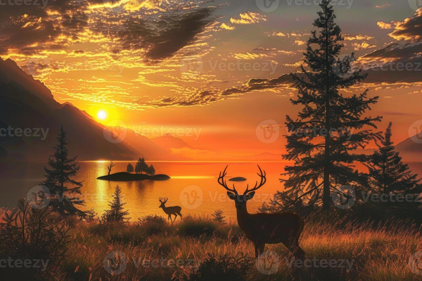 Golden Sunset Over Coastal Hills with Deer photo