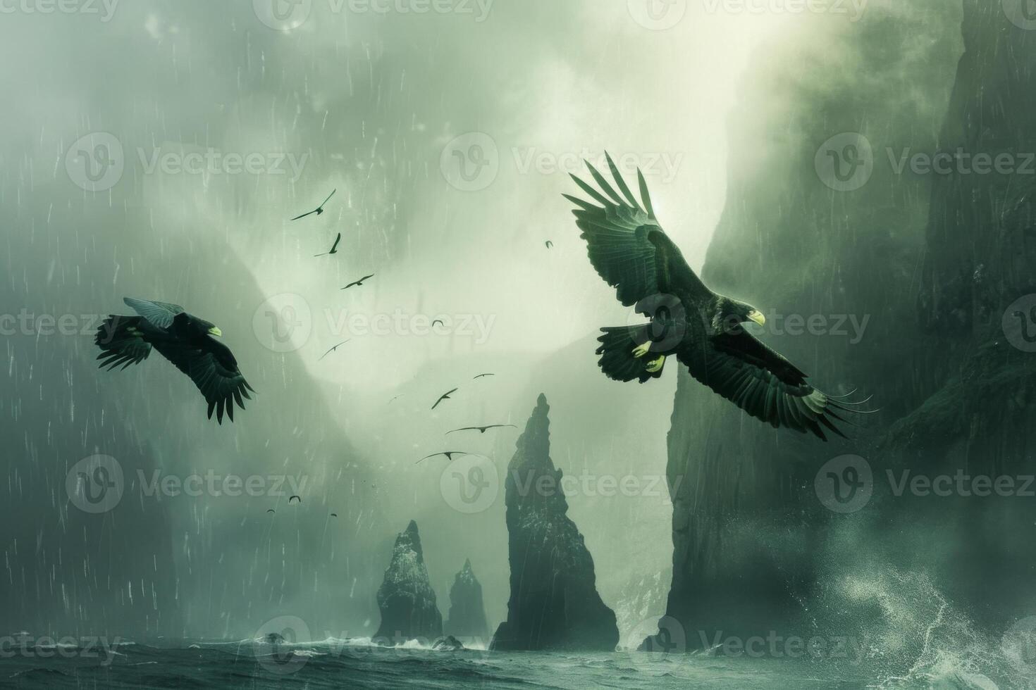 Eagles Soaring Over Stormy Coastal Cliffs photo