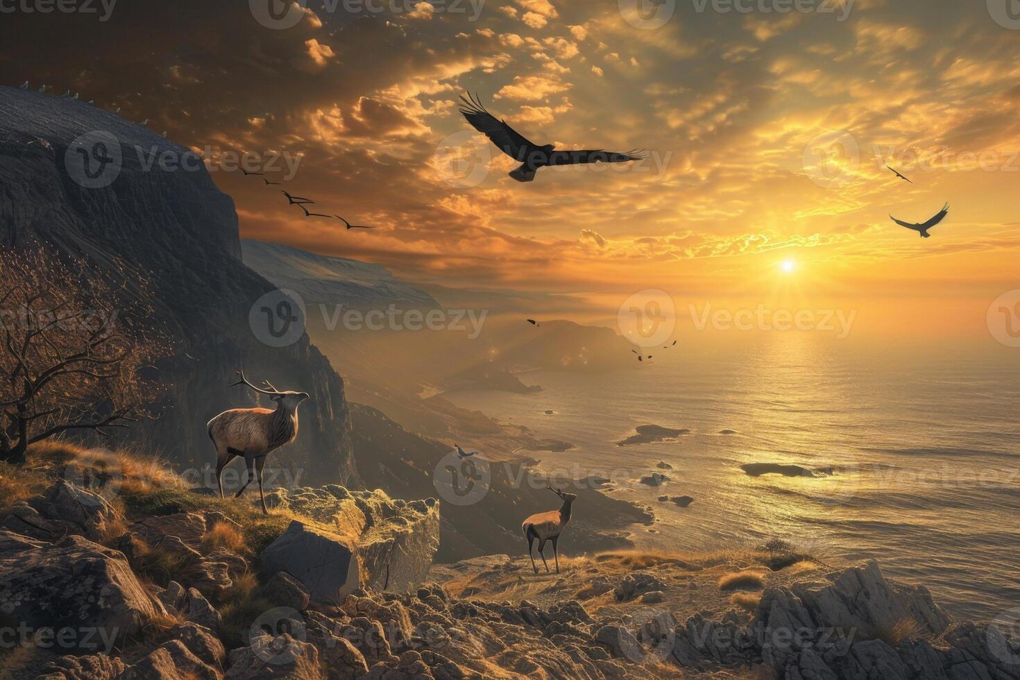 Deer and Birds by Serene Lakeside at Sunset photo