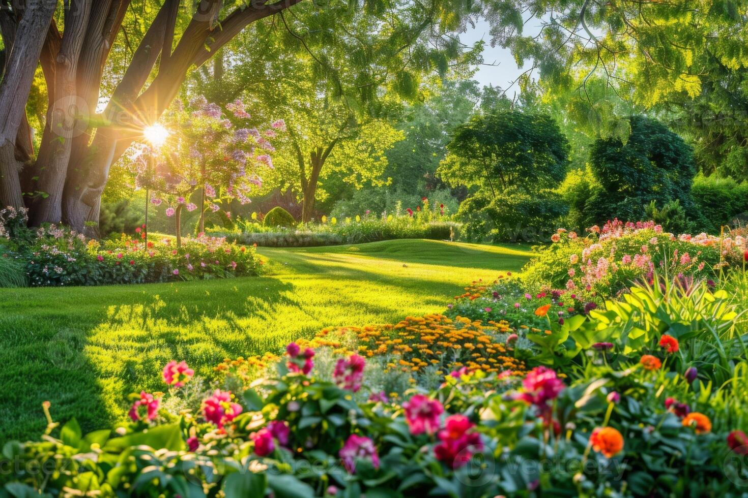 Sunlit Garden with Blooming Flowers photo