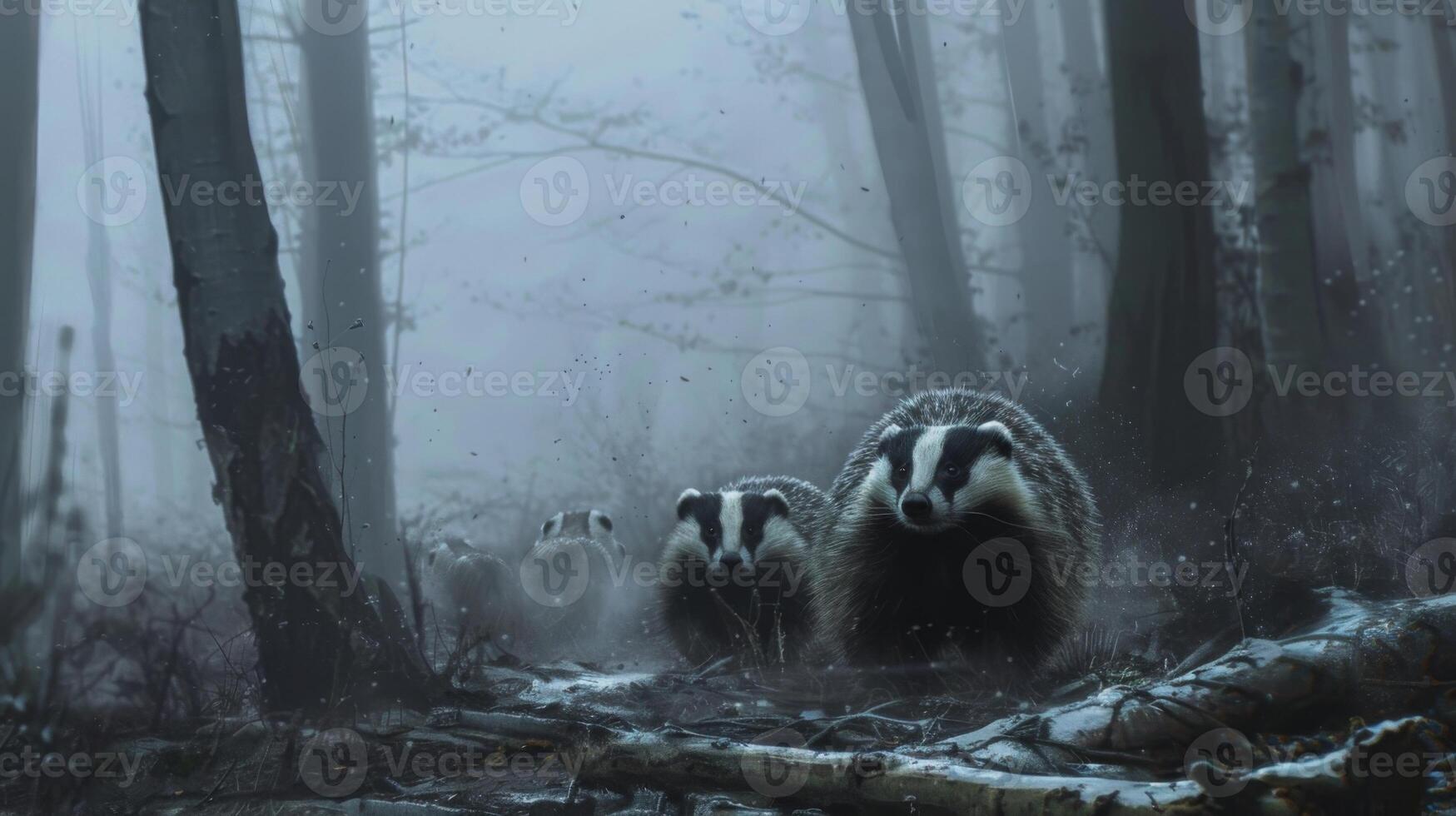 Badgers in a Foggy Forest photo