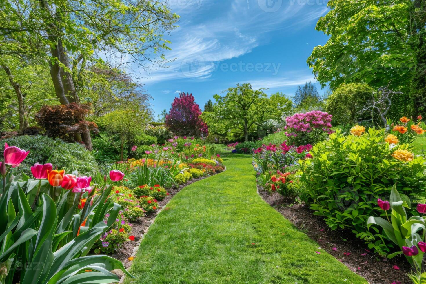 Sunlit Garden with Blooming Flowers photo