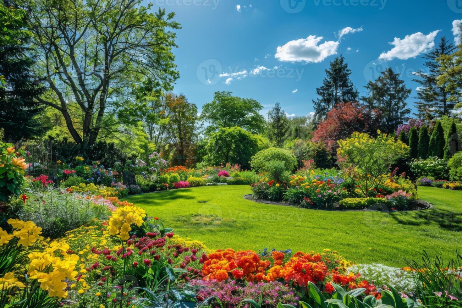 Sunlit Garden with Blooming Flowers photo