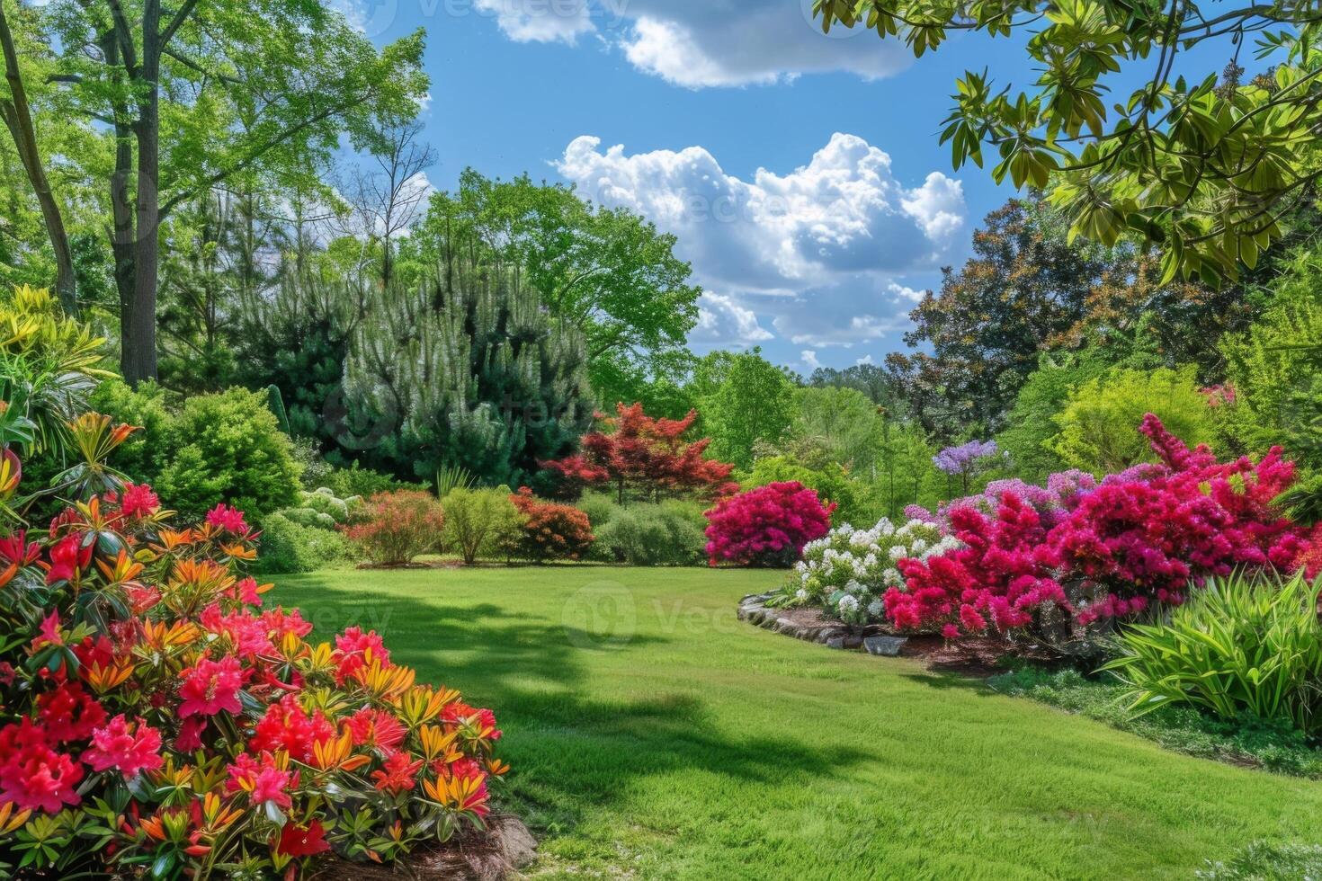 Sunlit Garden with Blooming Flowers photo