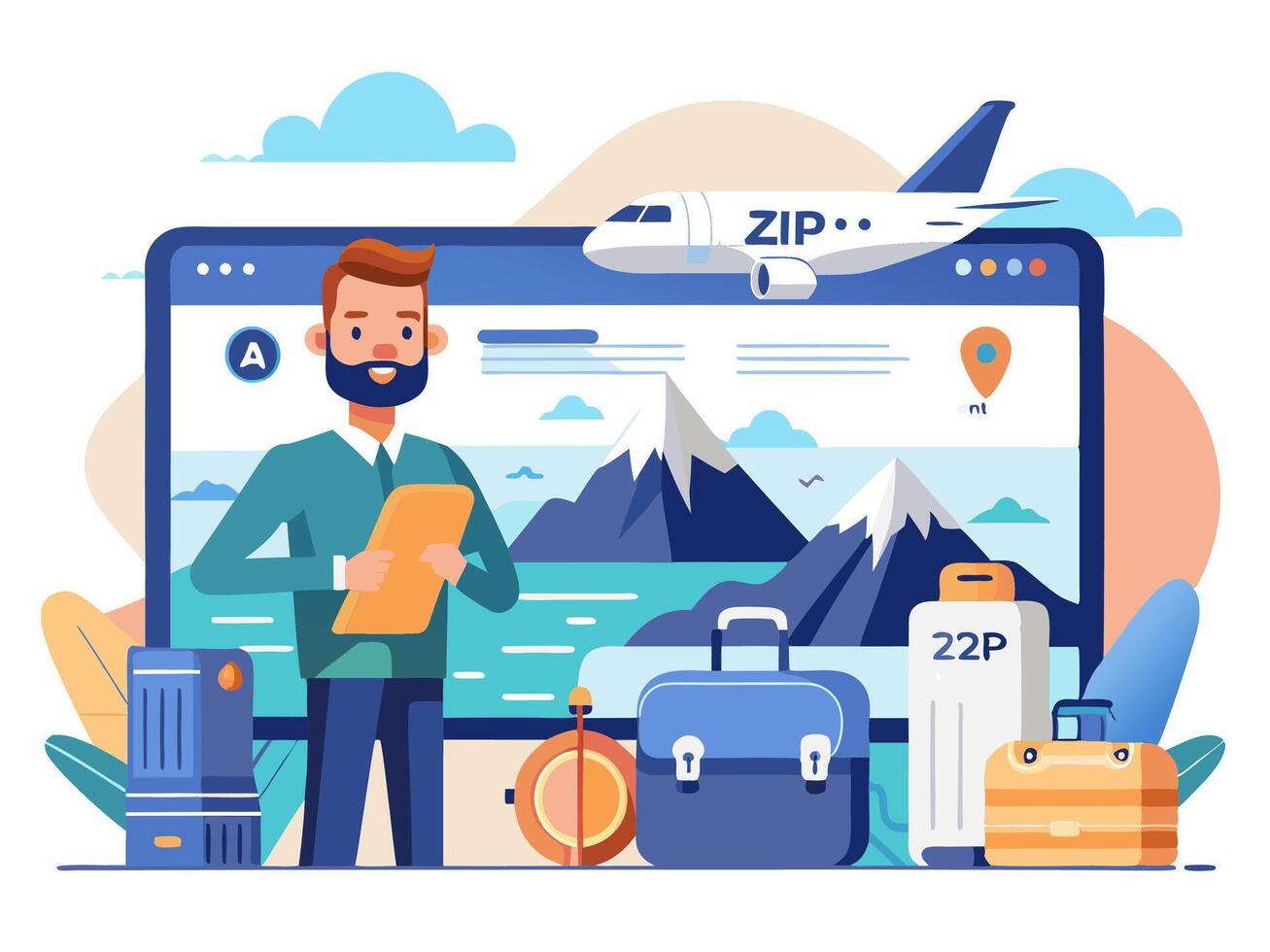 People Travel Concept with Tiny Character. Tourist going in vacation with suitcases and smartphone Standing Next to Globe World Map, Global Communications Flat illustration. Online holiday. vector