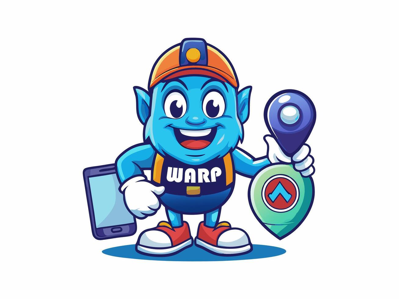 Happy Cartoon Monster with Mobile and Location. Halloween blue and horned monster vector
