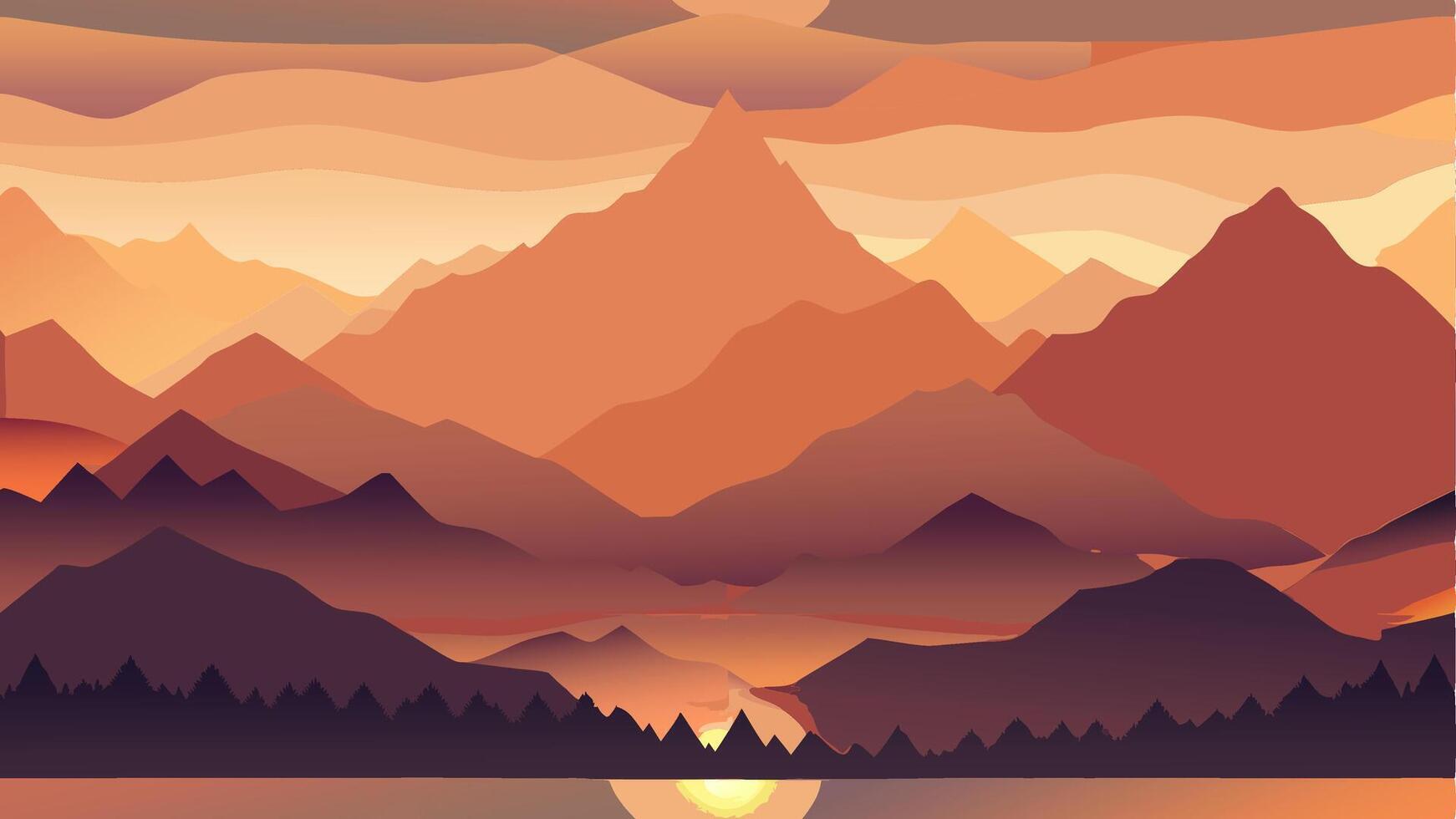 Mountain Landscape, Sunset Scene in Nature with Mountains and Forest, Silhouettes of Trees and Hills. Beautiful Landscape of Mountains and Wild Forest vector