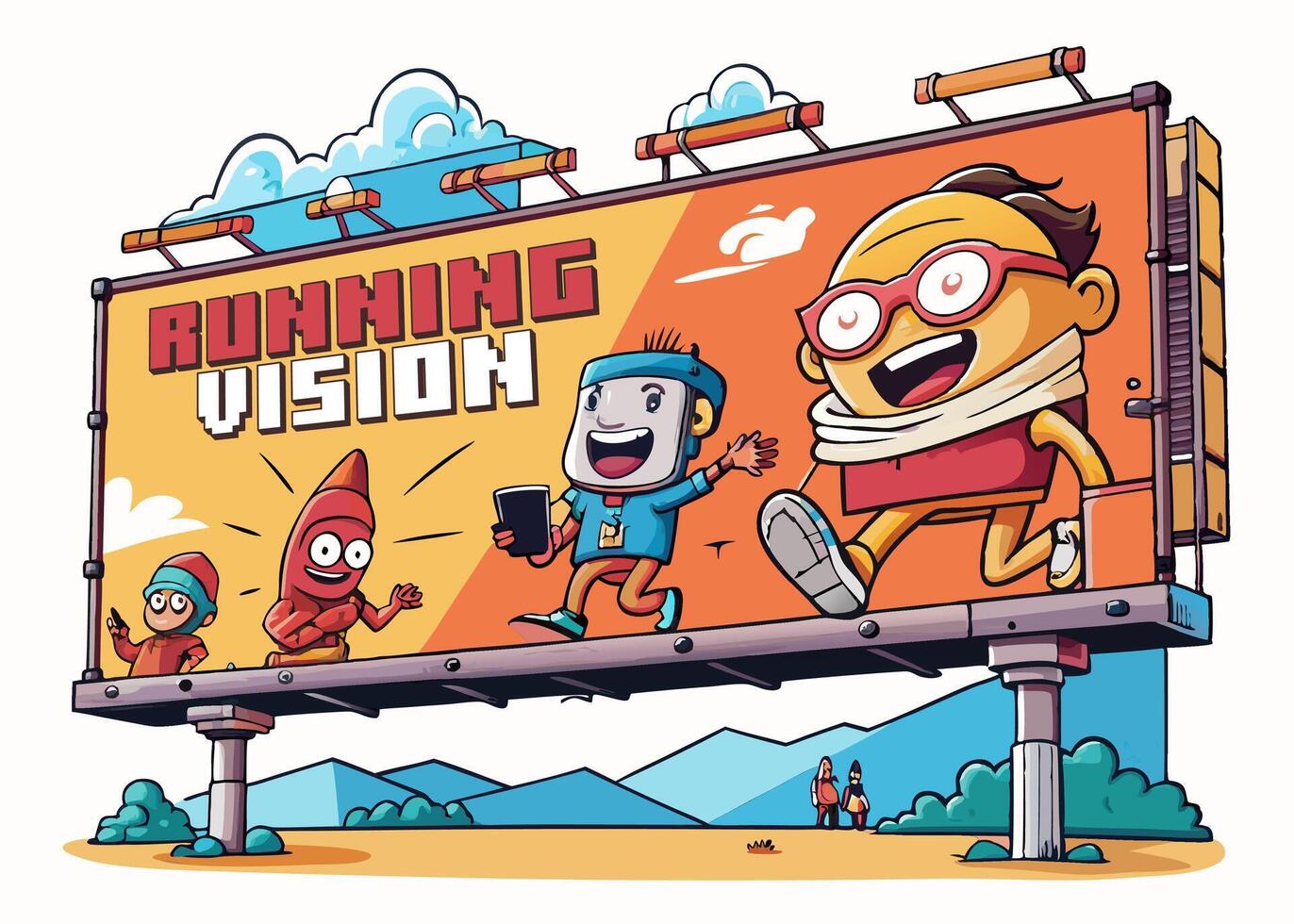 Running Vision Billboard with Colorful park in the city and cartoon children playing. Sports and toys. vector
